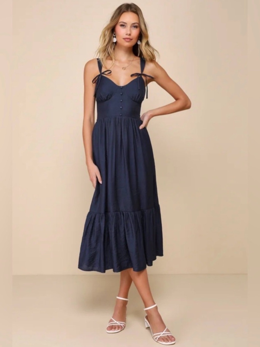 Lulu's Endearing Navy Blue Button-Front Tie-Strap Midi Dress